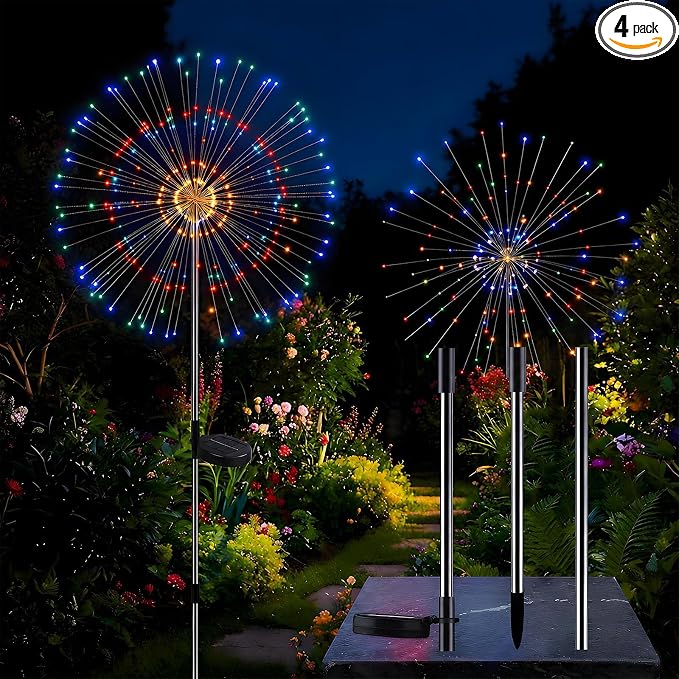 Solar Firework Lights Outdoor, Adjustable 32" to 51" Extra Tall, 200 LED Stainless Steel 3-Section Pole, 8 Modes Waterproof Starburst Garden Lights for Yard Pathway Walkway Decor(Color 4 Pack)