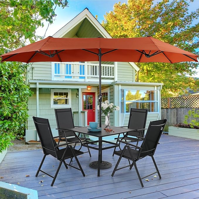 PHI VILLA Outdoor Patio Dining Set with Umbrella, Outside Table and Folding Chair Set for 4 and 1 Large Patio Table Umbrella(Orange Red)