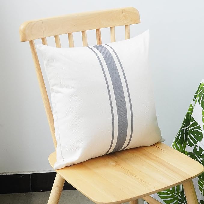 ONWAY Outdoor Pillow Covers Waterproof 18x18 Set of 2 Decorative Linen Throw Pillow Cover Beige and Grey Striped Outdoor Pillows for Patio Furniture