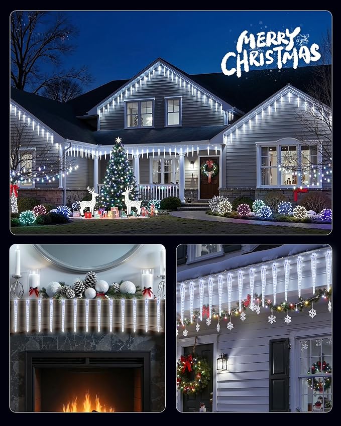 Christmas Icicle Lights Outdoor, 10Ft Meteor Shower Lights with 10 Ice Shaped Tube, Snowfall Shooting Star Light Effect, Falling Crystal Christmas Decorations for House Eave Roofline, Cool White