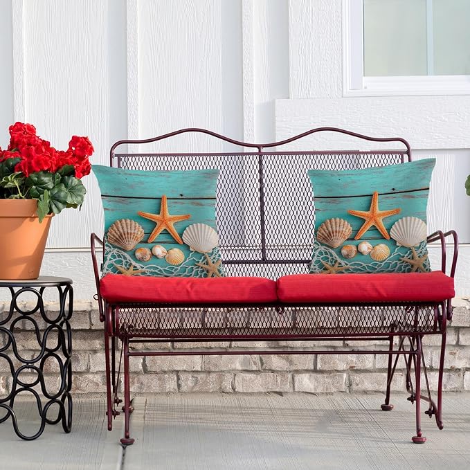 Swono Marine Throw Pillow Cases, Fishing Net Seashells Starfish Set of 2 Decorative Throw Pillow Cover Turquoise Blue Wood Square Pillow Cushion Case Home Decor for Sofa Couch Bed Car 18x18 Inch