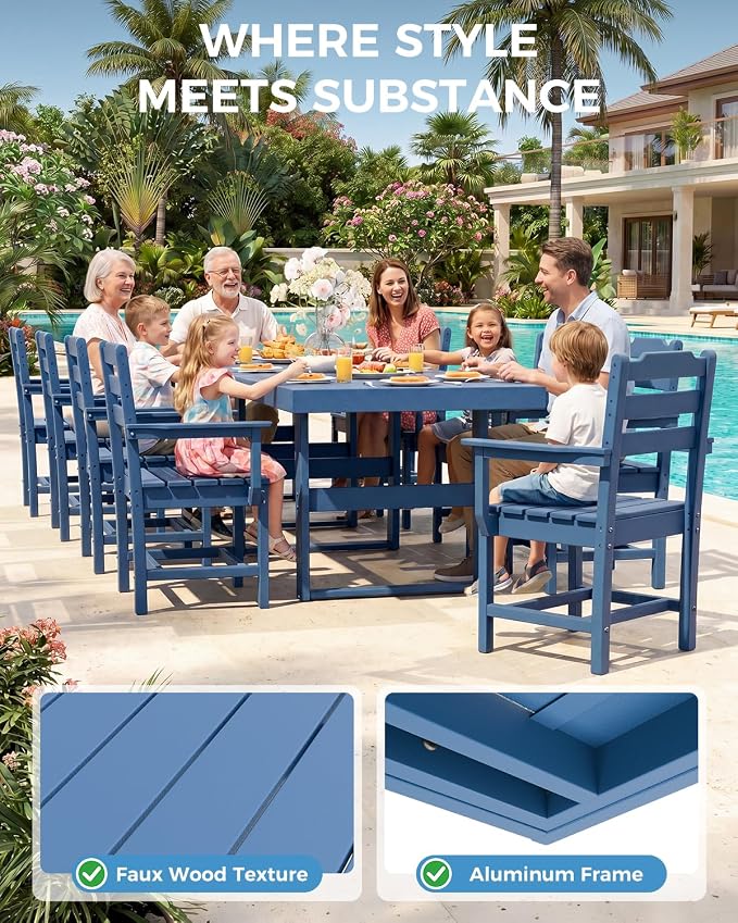 K Knowbody 12-Piece Outdoor Patio Dining Table and Chairs Set, Seats 10 | Steel-Reinforced HDPE, 100 lb/sq ft Load Capacity, 2-Inch Umbrella-Ready Tables, All-Weather, Fade-Resistant, Navy Blue