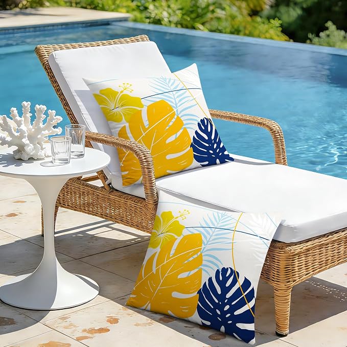 OTOSTAR Outdoor Waterproof Throw Pillow Covers 18x18 Inch Set of 2 Double-Sided Yellow Blue Tropical Leaf and Flower Spring Summer Decorative Pillow Cases for Patio Funiture Garden Tent Balcony Couch