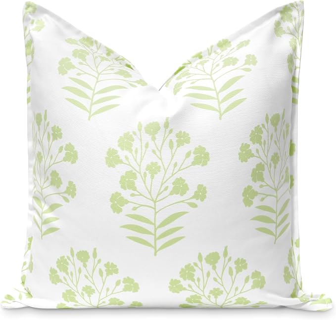 Hofdeco Premium Coastal Patio Indoor Outdoor Throw Pillow Cover Only, 20"x20" Water Repellent for Backyard, Couch, Green Print Floral