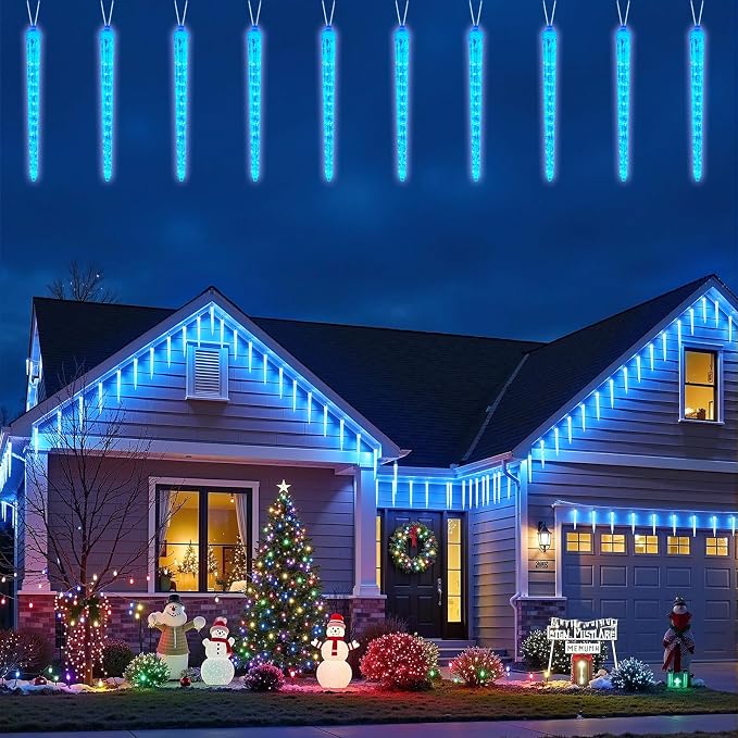 Christmas Icicle Lights Outdoor, 10Ft. Meteor Shower Lights with 10 Large Icecycles, Snowfall Shooting Star Light Effect, Falling Crystal Christmas Decorations for House Eave Roofline Patio, Blue