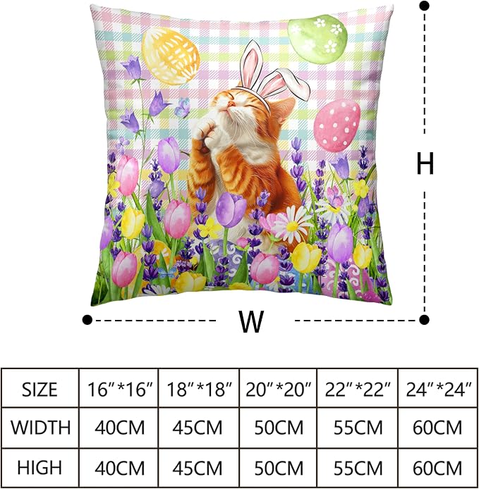Spring Easter Pillow Covers 18x18 Set of 2 Lovely Cow Cat and Ginger Cat Wearing Bunny Ears Throw Pillow Covers Tulip Floral Pillow Case for Easter Decoration Sofa Patio Garden