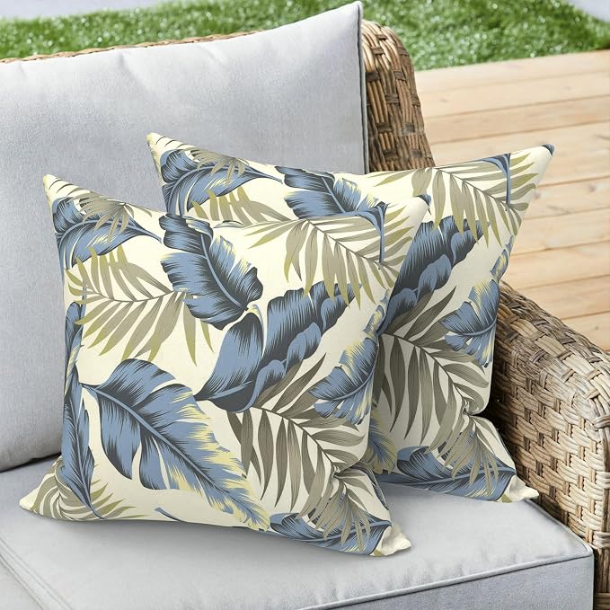 Outdoor 16x16 Inch Throw Pillow Covers Set of 2, Covers ONLY, All Weather Square Pillow Cases, Patio Cushion Pillow of Home Furniture Use, ‌Lush Palm Blue