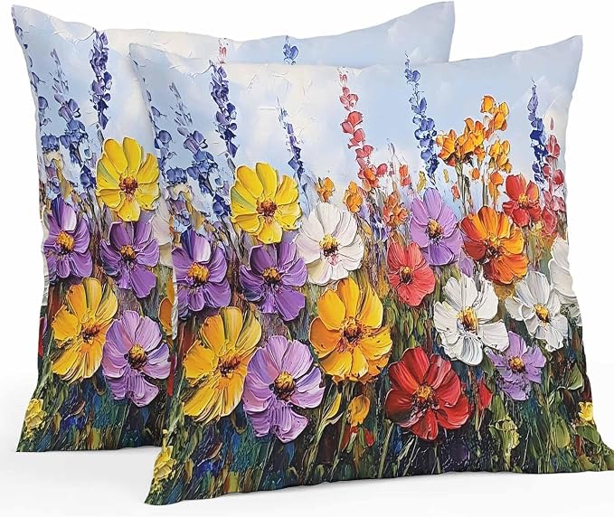Vintage Wildflowers Waterproof Outdoor Pillow Covers Set of 2 Home Decor, Rustic Oil Painted Abstract Botanical Pillowcase Patio Pillow Covers for Couch Bench Furniture Garden 20x20in