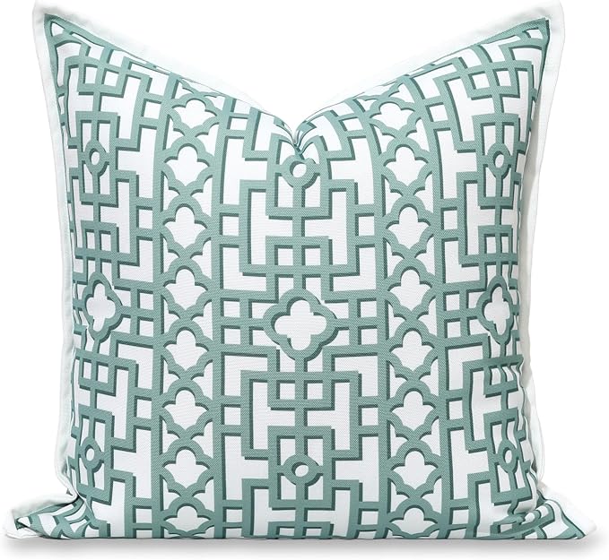 Hofdeco Premium Coastal Hampton Patio Indoor Outdoor Throw Pillow Cover Only, 20"x20" Water Repellent for Backyard, Couch, Poolside, Forest Green Print Fretwork Trellised Screen
