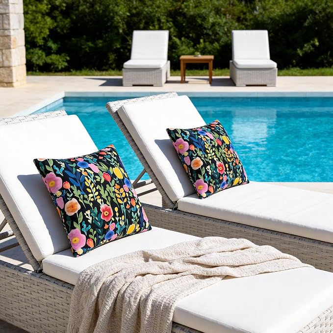 Outdoor Pillows Covers 18X18 Inch Pack of 2, Spring Floral Waterproof Throw Pillow Covers, Black Printed Flower Decorative Square Pillowcases for Summer Patio Furniture Garden Balcony Porch