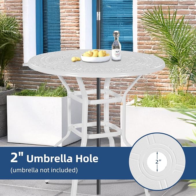 Outdoor Cast Aluminum Bar Table, 38.5" Patio Bar Height Table with 2" Umbrella Hole, All Weather High Top Bistro Round Dining Table for Outside Deck Porch Balcony Poolside, White