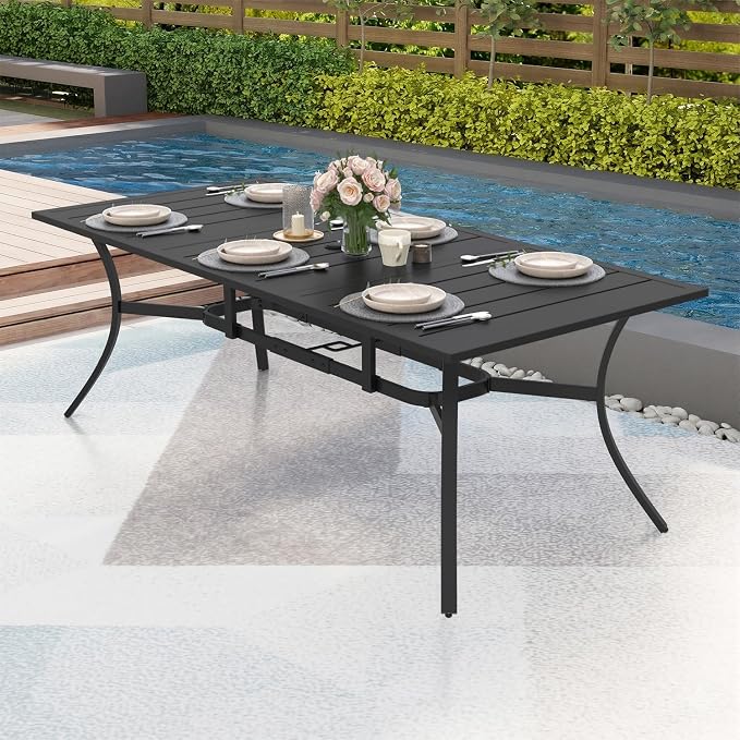 MELLCOM 83''x38'' Outdoor Dining Table for 8, Extra Large Metal Patio Dining Table with 1.57'' Umbrella Hole, Black Rectangular Table for Porch, Garden, Backyard, Poolside, Lawn