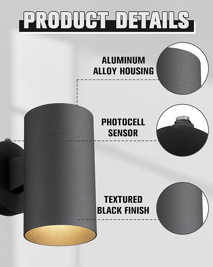 Ken & Ricky Dusk to Dawn Outdoor Wall Sconce Lights,Cylinder，Black ，4 PK | With Photocell Sensor,No Glare Exterior Lighting Fixtures,Outside Wall Light For House Front Porch Garage Patio Entryway