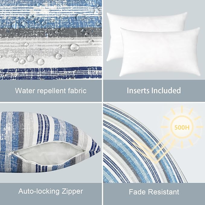 LVTXIII Outdoor/Indoor Lumbar Pillows, Decorative Patio Lumbar Cushions, Fluffy Fade Resistant Throw Pillow Cushions for Home Patio Coach Sofa, 12×20 Inch, Pack of 2, Stripe Layered Blue