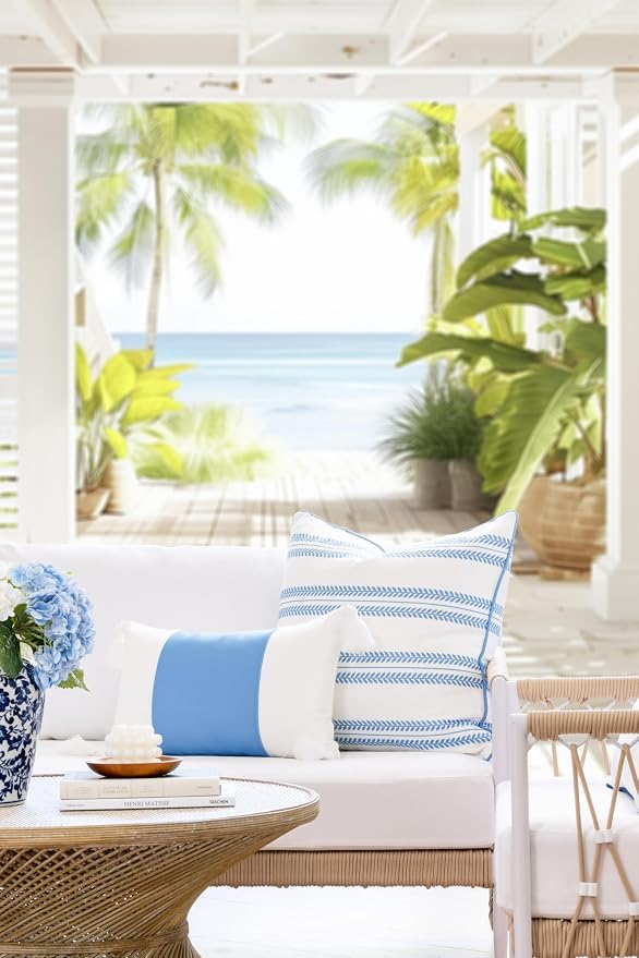 Hofdeco Premium Coastal Hampton Patio Indoor Outdoor Throw Pillow Cover Only, 22"x22" Water Repellent for Backyard, Couch, Poolside, Azure Blue Print Leaf Striped