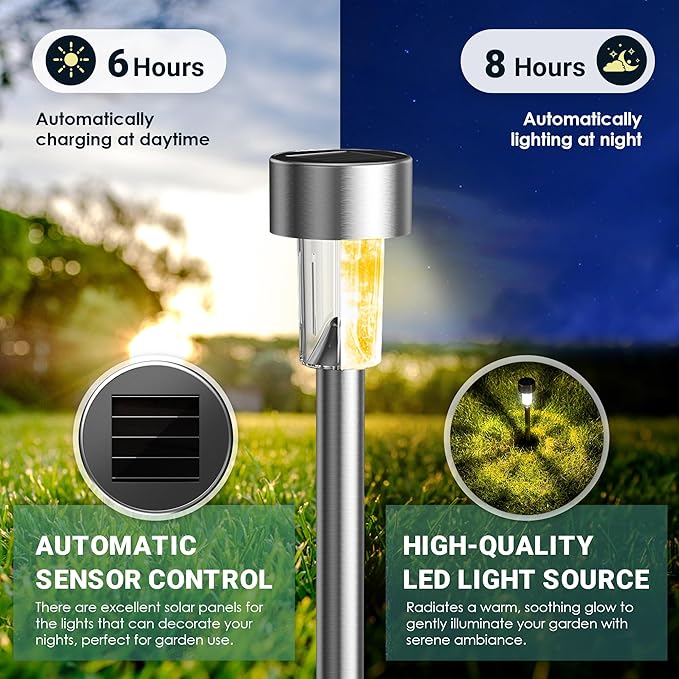 GIGALUMI Outdoor Waterproof Solar Garden Lights, 12 Pack Warm White | Stainless Steel LED, Warm White Glow, Ideal for Patio Lawn Yard Landscape, Garden & Patio Decor