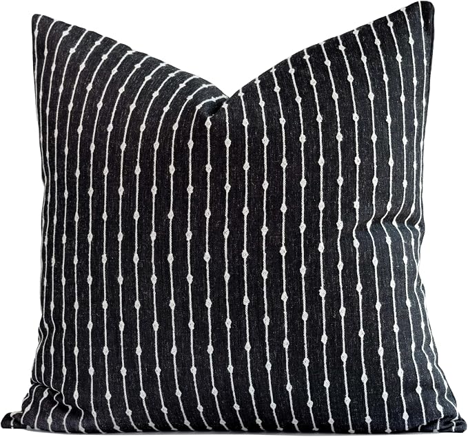 Modern Farmhouse Fall Linen Indoor Outdoor Throw Pillow Cover Only, 22"x22" Water Repellent for Patio, Backyard, Couch, Black Neutral Embroidered Stripes
