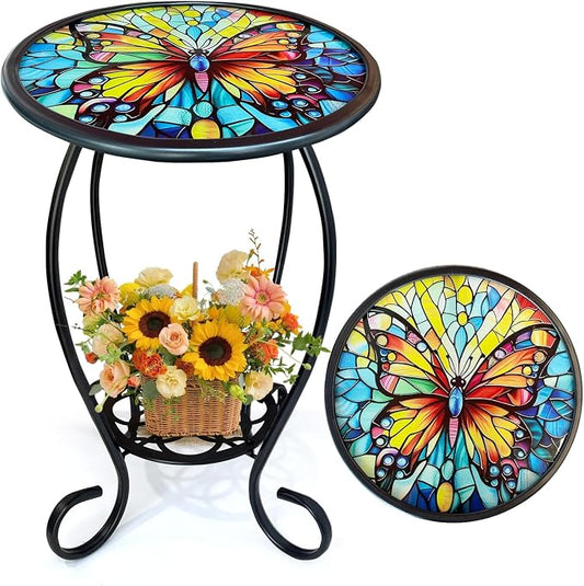 LIFFY Outdoor Side Table, 14" Round Mosaic Patio Table with Glass Butterfly Tabletop, 21" Height 2-Tier Indoor Small Decorative Plant Stand & End Table with Metal Frame for Home, Garden, Yard