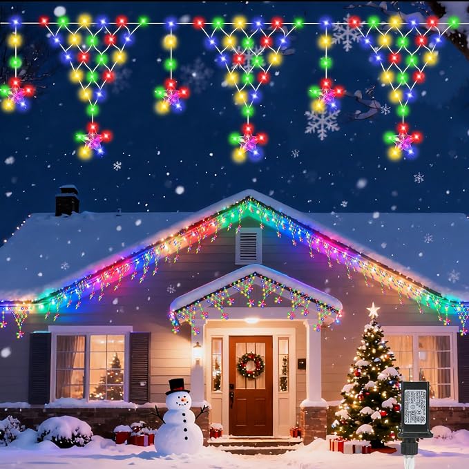 Christmas Icicle Lights, Outdoor Christmas Lights, 13.8FT 218 LED 8 Modes Curtain String Light, Plug-in LED Fairy Light for Wedding, Party, Indoor, Christmas Decoration - Multicolored
