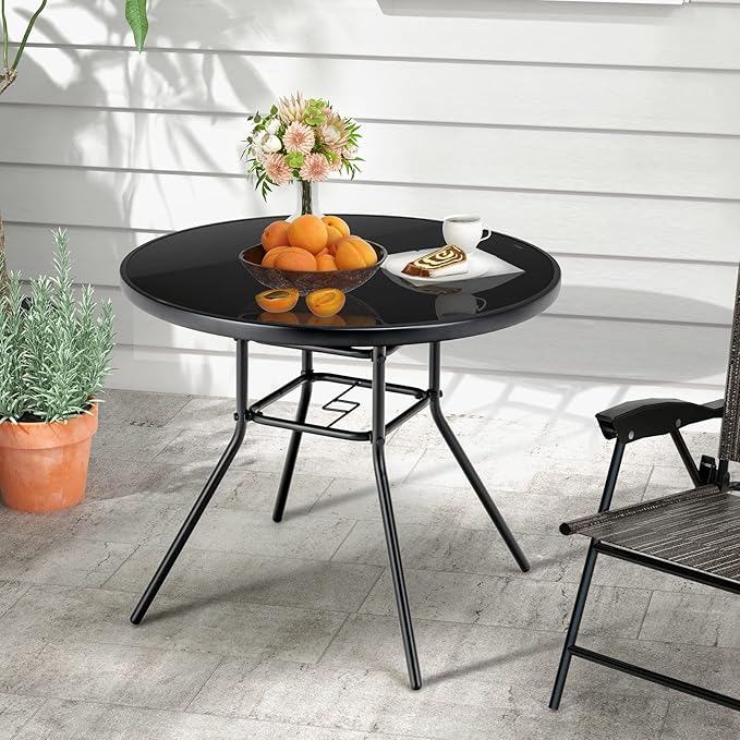 Tangkula 34 Inch Patio Dining Table, Round Tempered Glass Table with 1.5” Umbrella Hole, Heavy-Duty Metal Frame, Outdoor Metal Dining Table for Garden, Balcony, Porch