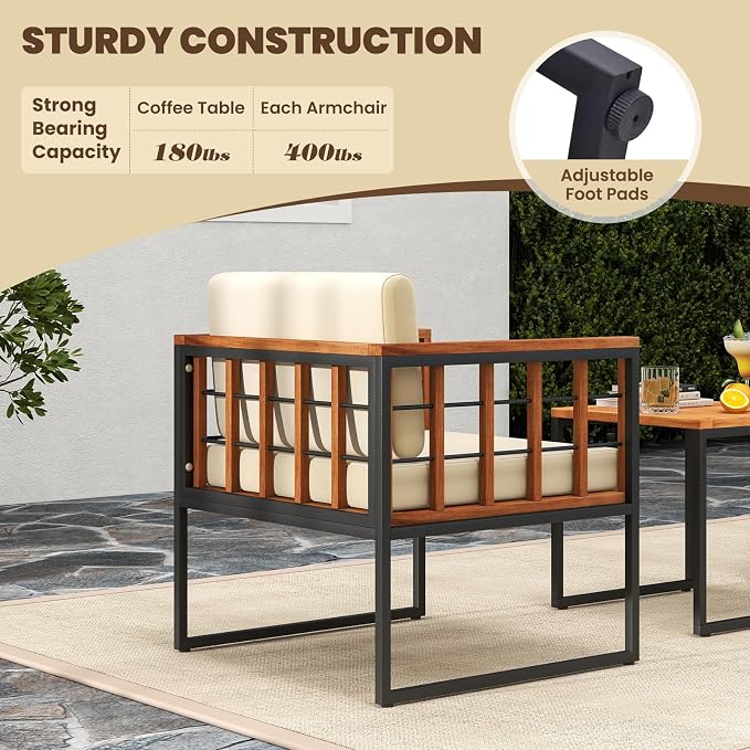 HAPPYGRILL 3 Pieces Wood Patio Furniture Set, Acacia Wood Conversation Set with 2 Cushioned Chairs, Outdoor Patio Bistro Set for Porch, Balcony, Garden, Backyard