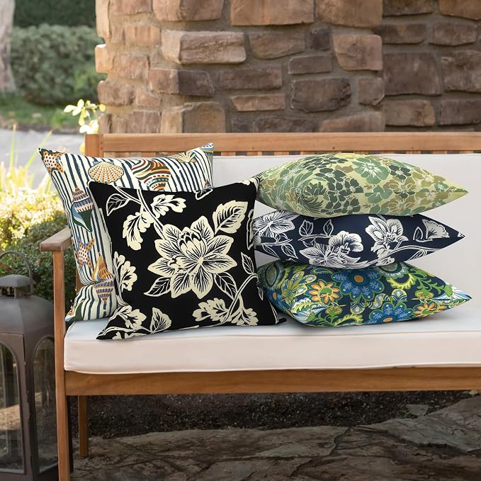 Outdoor 16x16 Inch Throw Pillow Covers Set of 2, Covers ONLY, All Weather Square Pillow Cases, Patio Cushion Pillow of Home Furniture Use, Elegant Vines Black