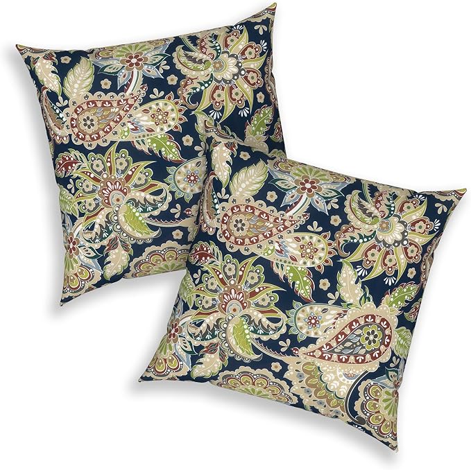 20x20 Inch Pack of 2 Patio Throw Pillow Covers ONLY, Water Repellent Cushion Cases, Square Pillowcases for Outdoor Couch Decoration, Paisley Sapphire Blue