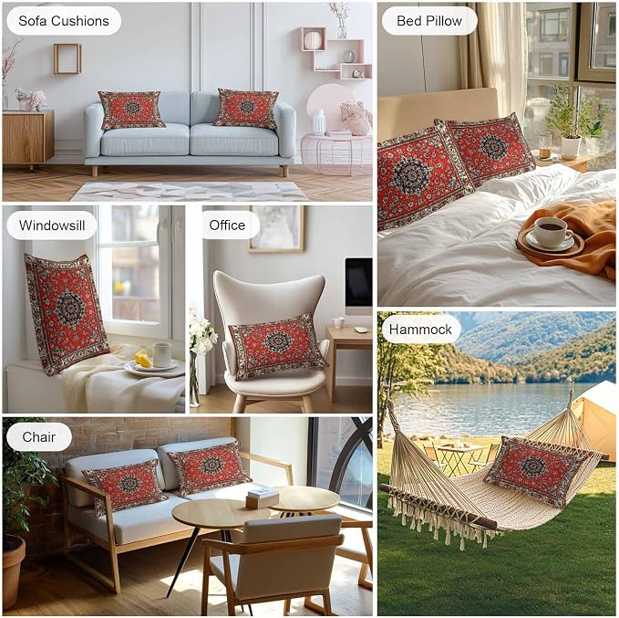 Vandarllin Outdoor Throw Pillows Covers 20x12 inch Set of 2 Waterproof Red Bohemian Decorative Zippered Cushion Covers for Patio Furniture, Boho Tribe Texture Lumbar Pillowcases