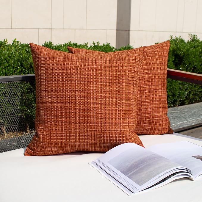 Kevin Textile Outdoor Waterproof 20"x20" Pillow Covers 2 Pack, Burnt Orange | Fall Water Resistant, Faux Linen Yarn-dyed, Woven Texture Throw Pillow Covers for Tent Patio Garden Couch Sofa