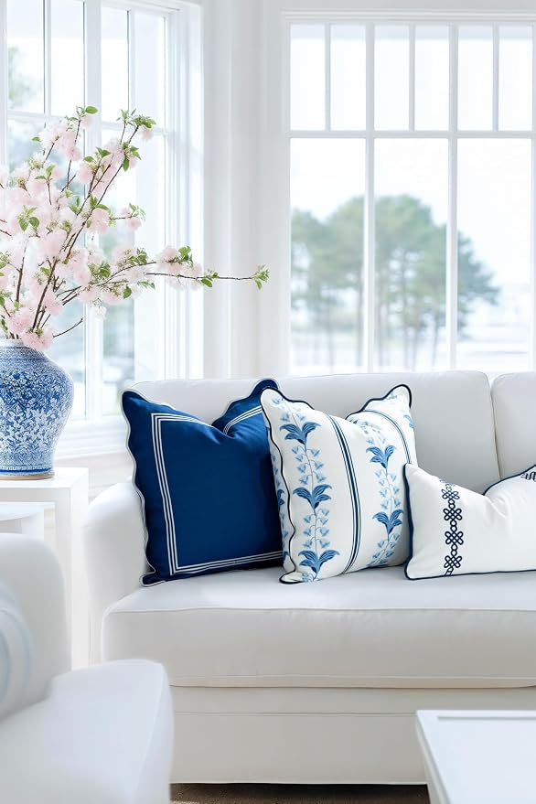 Hofdeco Premium Coastal Hampton Patio Indoor Outdoor Throw Pillow Cover Only, 20"x20" Water Repellent for Backyard, Couch, Poolside, Azure Navy Blue Print Watercolor Striped Lily of the Valley
