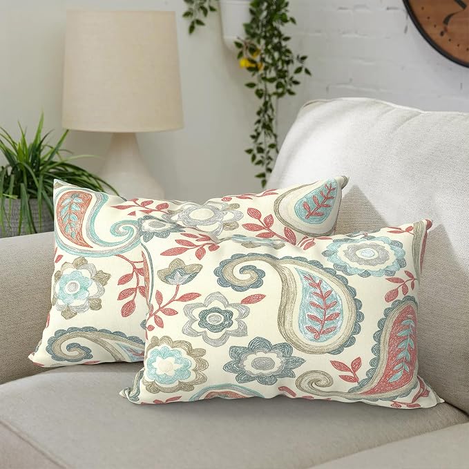 DYTXIII Pack of 2 Outdoor Waterproof Lumbar Pillow Covers ONLY, 12x20 Rectangle Decorative Double Printed Pillow Cases for Patio Couch Porch Furniture - Paisley Vintage