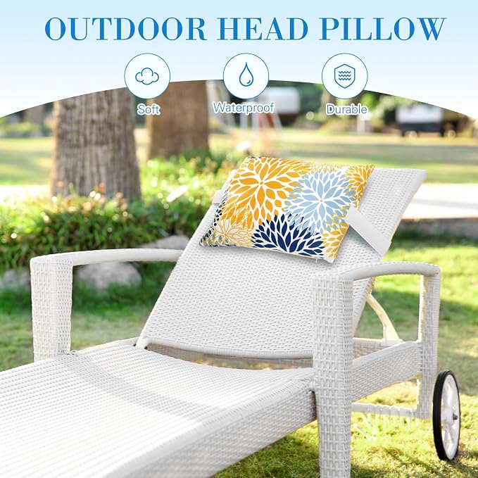 Lineshading 4 Pcs Chaise Lounge Pillow with Strap Outdoor Waterproof Pool Chair Neck Headrest Pillows with Adjustable Elastic Band for Beach Patio Chair Recliner(Yellow,Floral)
