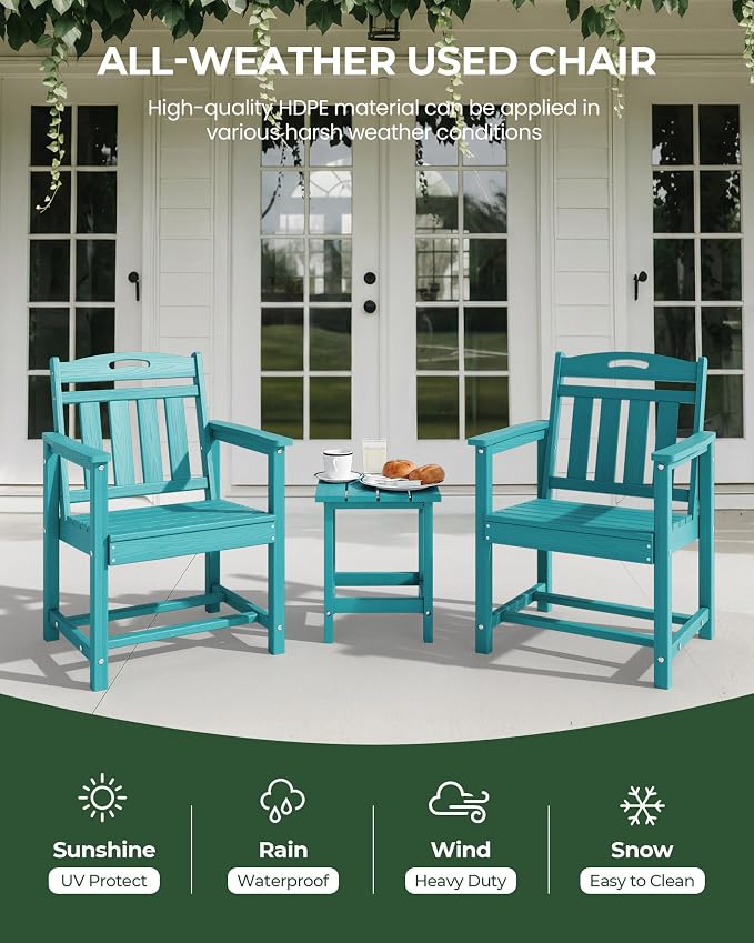 Set of 2 Weatherproof Patio Chairs - HDPE Outdoor Dining Chairs with Wide Seat, Ergonomic Design - for Garden, Backyard, Deck - Lake Blue