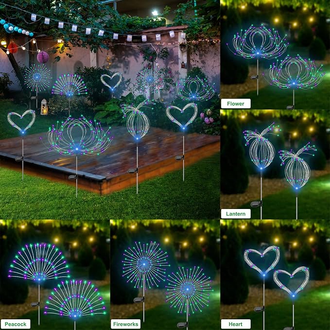Slyuexu Solar Garden Lights Outdoor Waterproof, 2 Pack 120 LED Solar Firework Lights Decorative Garden Décor Outside for Flowerbed Pathway Party Halloween Christmas Decorations, Green + Purple