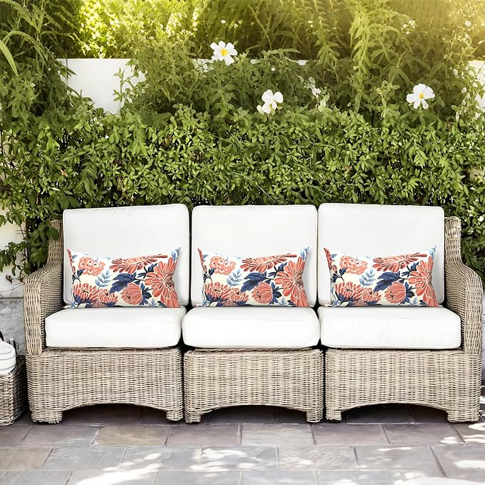 LVTXIII Outdoor/Indoor Lumbar Pillows, Decorative Patio Lumbar Cushions, Fluffy Fade Resistant Throw Pillow Cushions for Home Patio Coach Sofa, 12×20 Inch, Pack of 2, Red Chrysanthemum