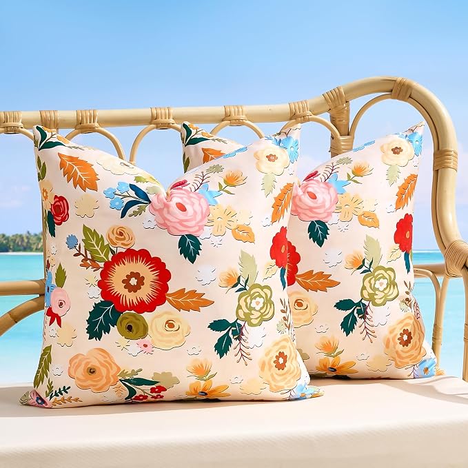 Waterproof Throw Pillow Covers Outdoor Beige Decorative Pillow Covers Summer Floral Accent Square Couch Covers Garden Farmhouse Cushion Cases 16x16 Inch Set of 2 for Patio Tent Balcony Furniture Sofa