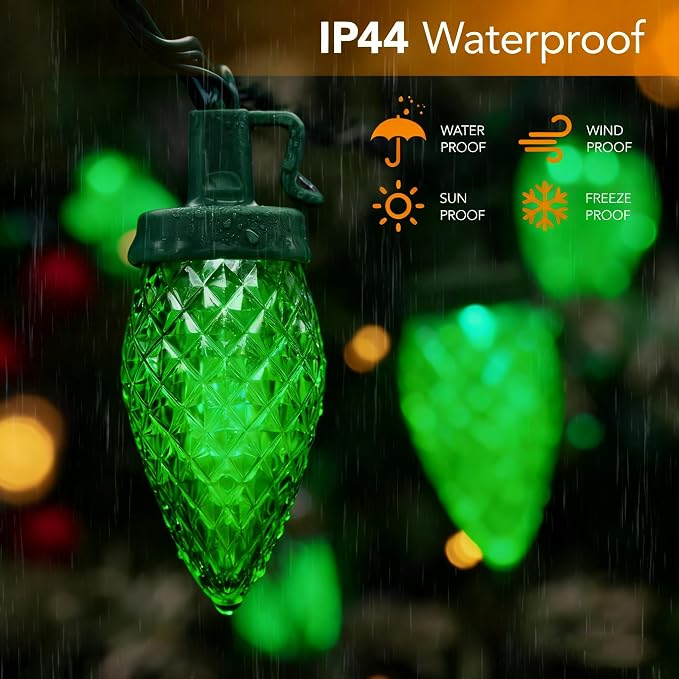 C9 LED Christmas Lights Outdoor,33 Feet 50 LED 8 Lighting Modes Waterproof Connectable Christmas String Lights for Outside Roofline Patio Home Xmas Decorations (Green)