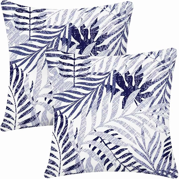 Allorry Outdoor Pillow Covers 18x18 Set of 2 Hawaii Tropics Palm Leaves Navy Blue Floral Pattern Decoration Pillow Covers for Spring Summer Outdoor Waterproof Garden Patio Sofa Bed Decor JB010-F18