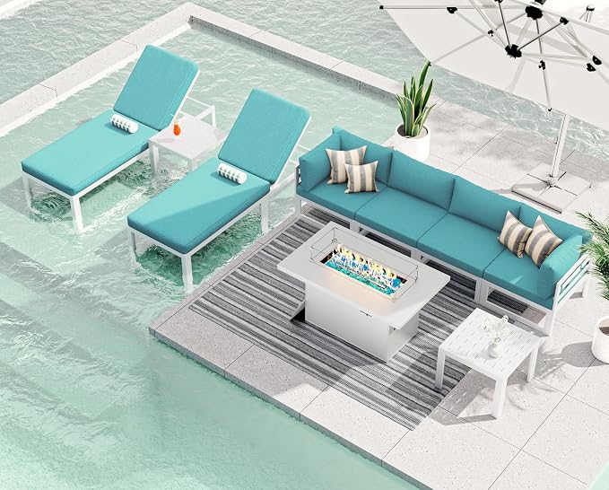 RADIATA 6 Seater Extra Large Modern Aluminum Outdoor Sofa with Lay Out Chair & Fire Pit Table, 500 lbs Durable Sectional Set for Heavy People, All Weather Comfy Patio Furniture Set for Backyard, Teal