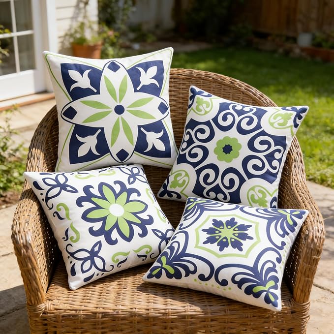 Pyonic Navy Blue and Green Outdoor Pillow Covers 16x16 Set of 4 | Spring Summer Foral Waterproof Throw Pillow Covers for Patio Furniture Garden Porch Tent