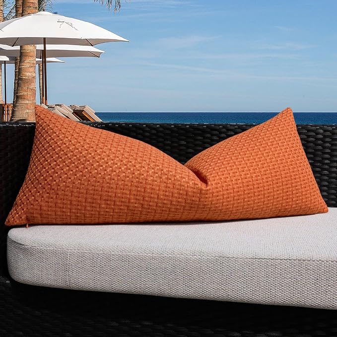 Kevin Textile Outdoor Waterproof 14"x36" Pillow Cover 1 Pack, Burnt Orange | Water Resistant Weaving Faux Linen Texture Throw Pillow Covers, Outside Decorative Pillowcases for Garden Patio Balcony Couch