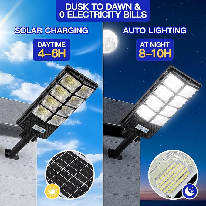 Solar Street Lights Outdoor, IP67 Waterproof, with Motion Sensor, Remote, and Auto Dusk to Dawn | Bright 6500K LED Solar Powered for Patio, Garden, Garage, Courtyard & Parking Lot