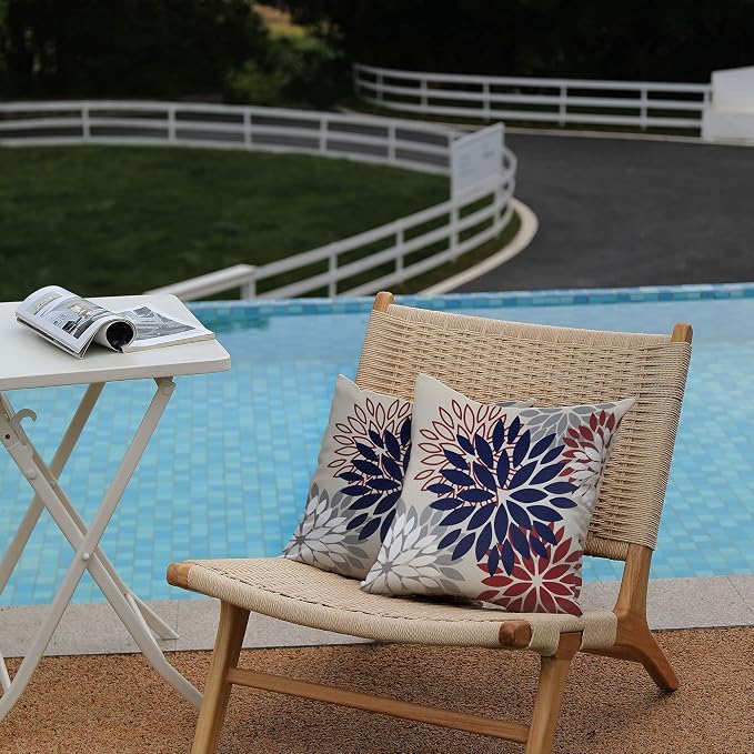 DFXSZ Outdoor Waterproof Pillow Covers 16x16 Set of 2 Blue Red Flower | Spring Summer Waterproof Flower Throw Pillowcases（No Inserts）Decor for 4th of July Patio Funiture Garden Polyester Covers