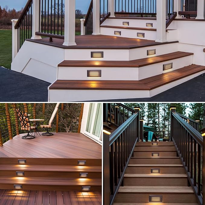 SUNVIE 5W Low Voltage Step Lights 6 Inch Outdoor Aluminum Brown, 12-Pack | Landscape lights, 12-24V AC/DC, 3.2FT ETL Listed Wire, with Fastlock2 Connectors, Horizontal Louver, for Stairs, Step, Fences