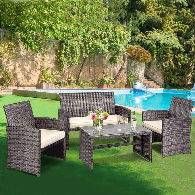 HAPPYGRILL 4 Piece Patio Conversation Set with Soft Cushions Rattan Furniture Set with PE Wicker Coffee Table & Sofa Chairs for Garden Poolside Porch Backyard