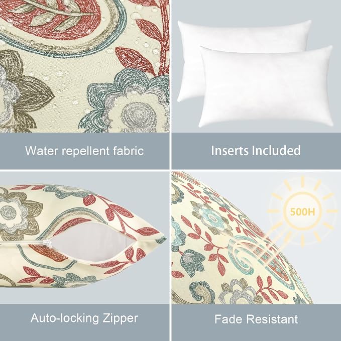 LVTXIII Outdoor/Indoor Lumbar Pillows, Decorative Patio Lumbar Cushions, Fluffy Water Repellent Garden Cushions for Home Patio Coach Sofa Use, 12×20 Inch, Pack of 2, Paisley Vintage