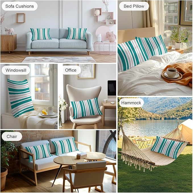 Teal Grey Stripe Outdoor Pillow Covers 20x12 Inch Lumbar Pillow Covers Set of 2 Waterproof Decorative Throw Pillow Cases Farmhouse Minimalist Striped Cushion Covers for Patio Furniture Garden Couch