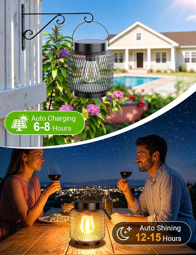 KOOPER Metal Solar Lanterns Outdoor Waterproof, 2 Pack Brighter Hanging Solar Lights for Outside, Up to 15 Hours Modern Hanging Solar Powered Lanterns Lights for Yard Patio Path Tree Garden Decorative