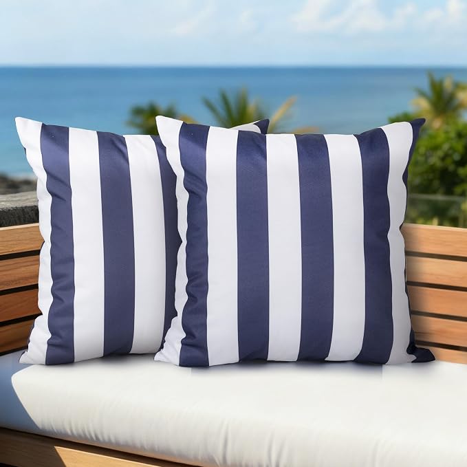 Outdoor Pillow Covers 20x20 Inch, Waterproof Throw Pillow Covers Pack of 2, Water-Resistant Decorative Pillow Case for Patio Furniture Tent Garden, Nautical Navy Blue White Stripes, Cover ONLY