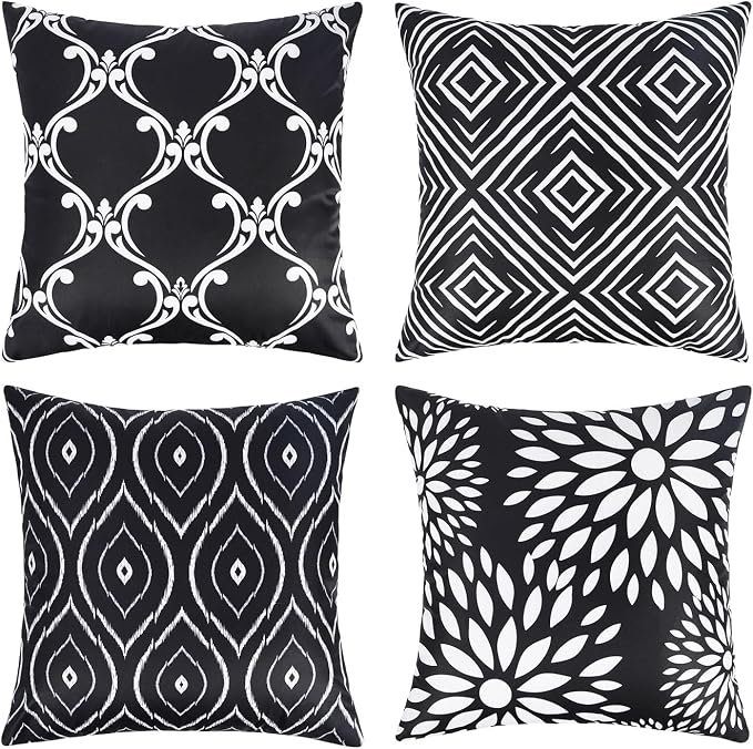 Adabana Outdoor Waterproof Floral Pillow Covers 18x18 Set of 4, Geometric | Waterproof Fabric Floral and Stripe Design for Patio, Couch, Garden Decor